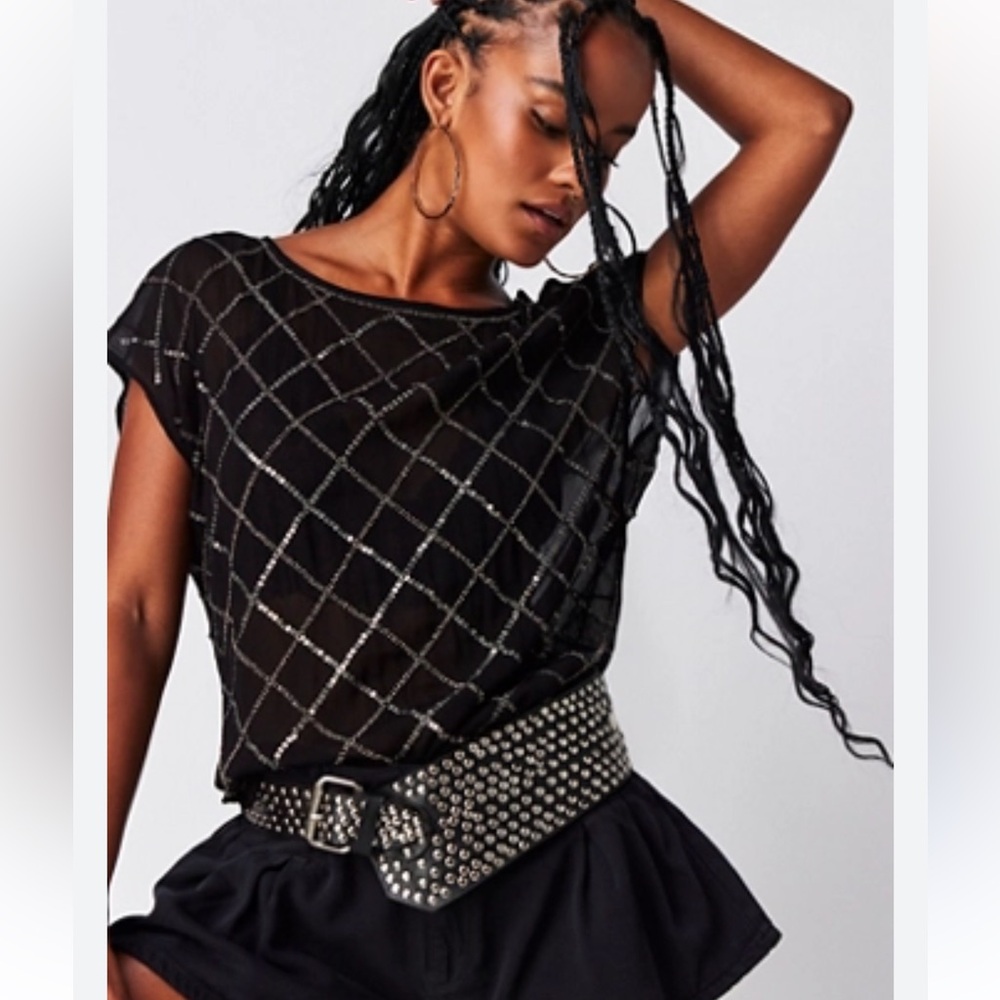 FREE PEOPLE Nightfall Tunic Black Sheer Top with Silver Bead & Sequin Accents XS